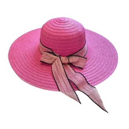 قبعة شاطئ وردية واسعة الحواف (فوشيا) من القش - ربطة شريط متألقة